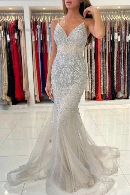 Gorgeous Spaghetti Straps Sleeveless Mermaid Floor-Length Lace Prom Dresses - Image 2