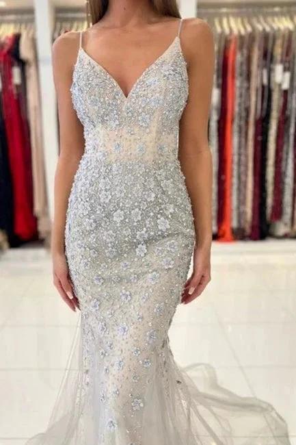 Gorgeous Spaghetti Straps Sleeveless Mermaid Floor-Length Lace Prom Dresses - Image 4