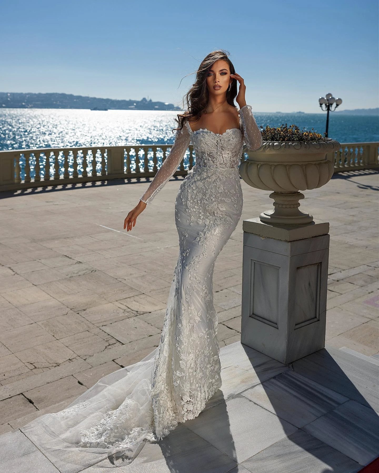 Gorgeous Sweetheart Long Sleeve Lace Mermaid Wedding Dress With Detachable Train - Image 2