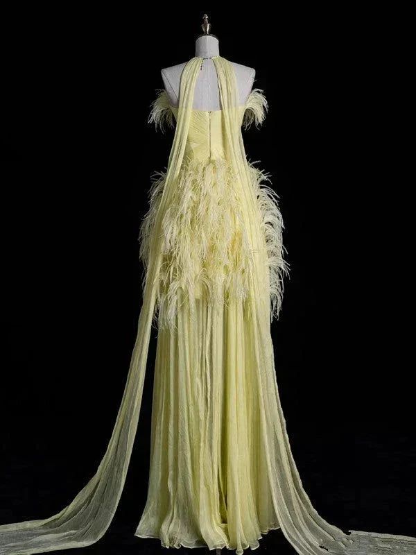 Gorgeous Tulle Feathers Strapless Evening Dress Yellow Formal Evening Gown Y8007 - Image 3