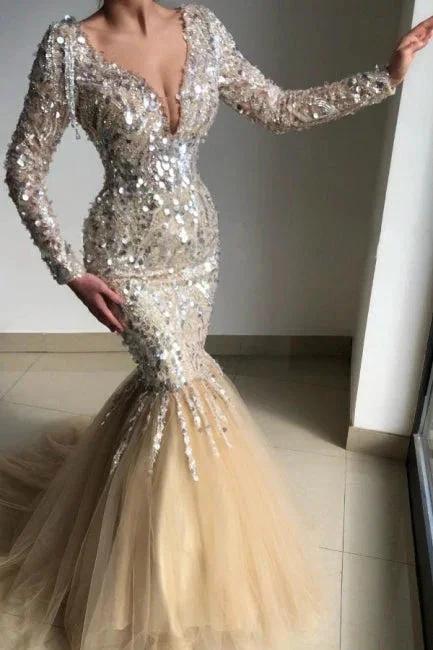 Gorgeous V-Neck Long-Sleeve Mermaid Floor-Length Prom Dresses with Sequins - Image 2
