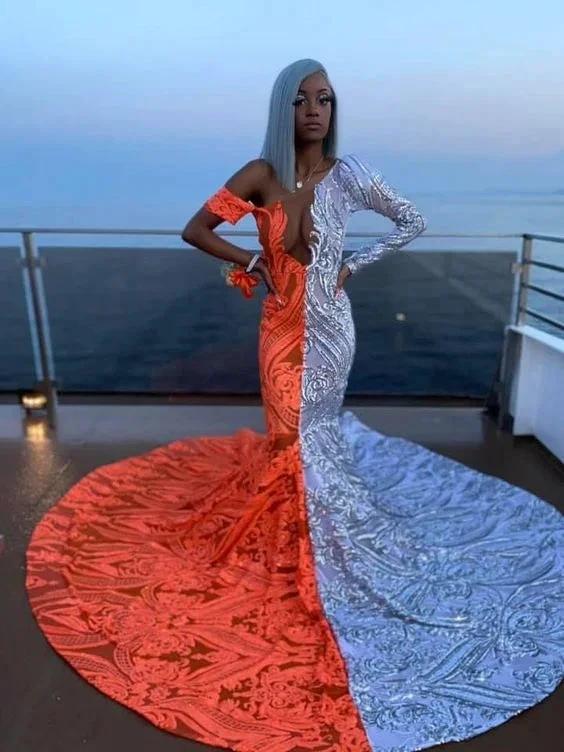 Gorgeous V-neck Off-the-shoulder Long Sleeve Appliques Floor-length Mermaid Prom Dresses - Image 2