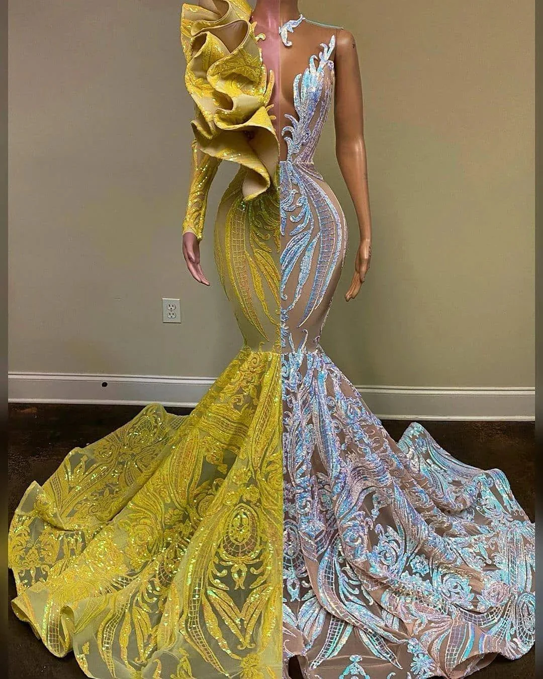 Gorgeous V-neck One Shoulder Long Sleeve Floor-length Mermaid Prom Dresses - Image 2