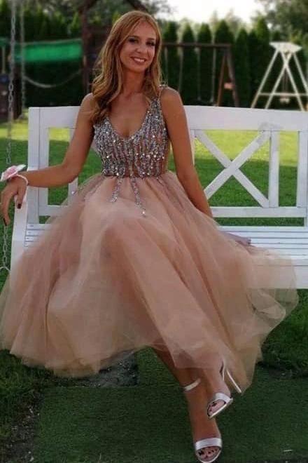 Gorgeous V Neck Peach Homecoming Dress Party Dress with Pearls  PD417 - Image 2