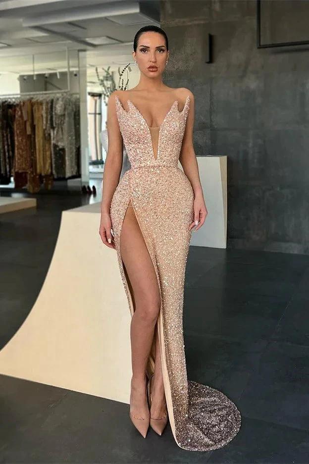 Gorgeous V-neck Sleeveless Long Mermaid Prom Dress With Slit - Image 3