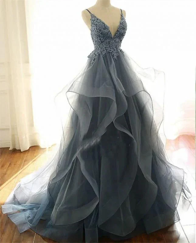 Gorgeous V Neck Spaghetti Straps Dark Blue Prom Dress With Ruffles - Image 2
