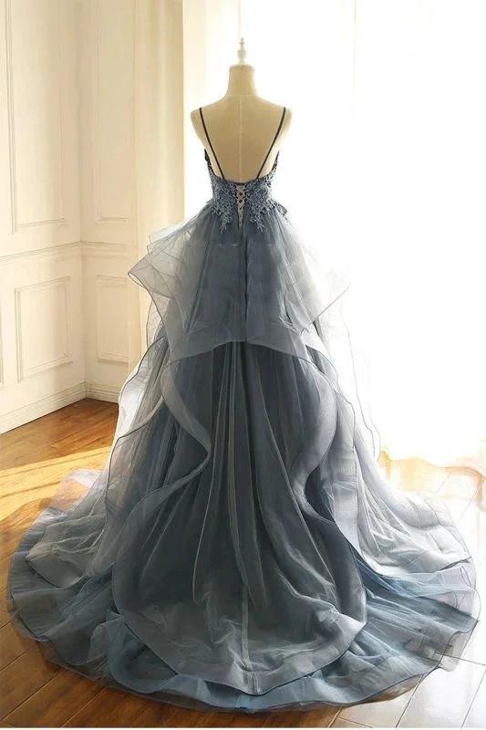 Gorgeous V Neck Spaghetti Straps Dark Blue Prom Dress With Ruffles - Image 3
