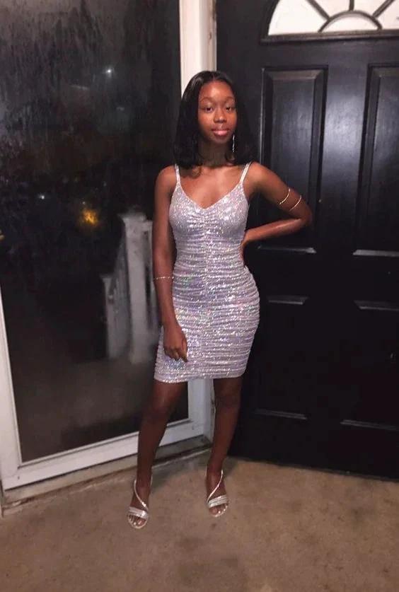 Gorgeous V Neck White Sequins Party Dress Cocktail Dress Short Homecoming Dress Y830 - Image 2