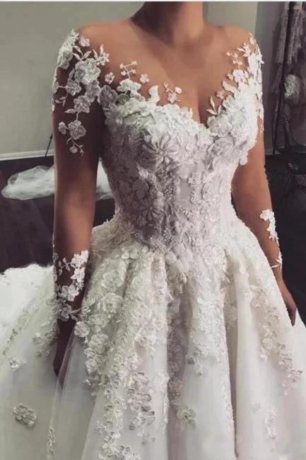 Gorgeous White 3D Floral Lace Wedding Dress Jewel Neck Tulle Aline Bridal Dress with Long Sleeves - Image 3