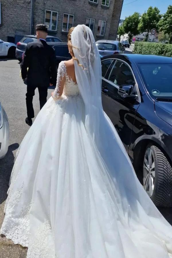 Gorgeous White Long A-line V-neck Lace Wedding Dress with Sleeves - Image 2