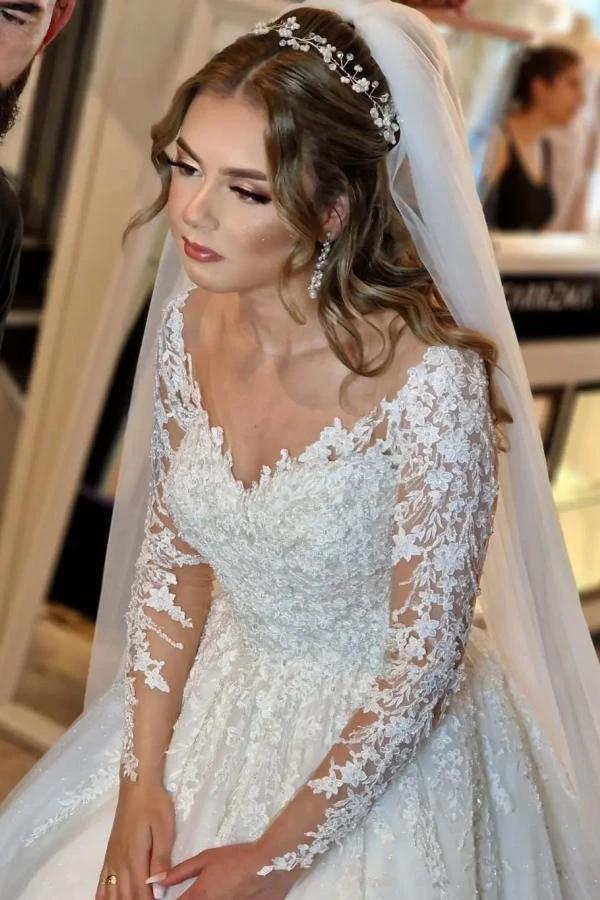 Gorgeous White Long A-line V-neck Lace Wedding Dress with Sleeves - Image 3