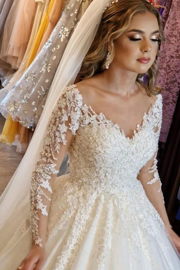 Gorgeous White Long A-line V-neck Lace Wedding Dress with Sleeves - Image 4