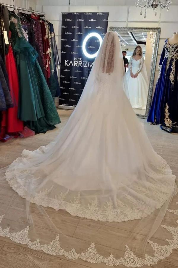 Gorgeous White Long A-line V-neck Lace Wedding Dress with Sleeves - Image 5