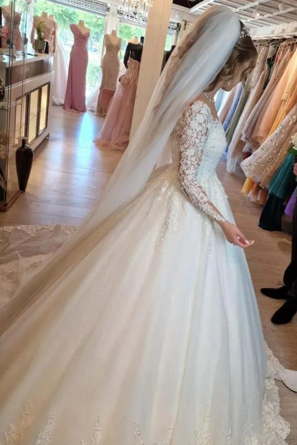 Gorgeous White Long A-line V-neck Lace Wedding Dress with Sleeves - Image 6
