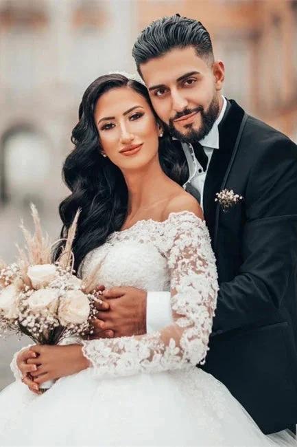 Gorgeous White Long Sleeves Lace Ball Gown Aline Floral Tulle Wedding Dresses - Image 2