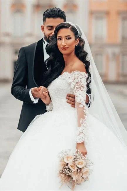 Gorgeous White Long Sleeves Lace Ball Gown Aline Floral Tulle Wedding Dresses - Image 3