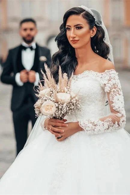 Gorgeous White Long Sleeves Lace Ball Gown Aline Floral Tulle Wedding Dresses - Image 7