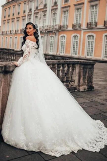 Gorgeous White Long Sleeves Lace Ball Gown Aline Floral Tulle Wedding Dresses - Image 8