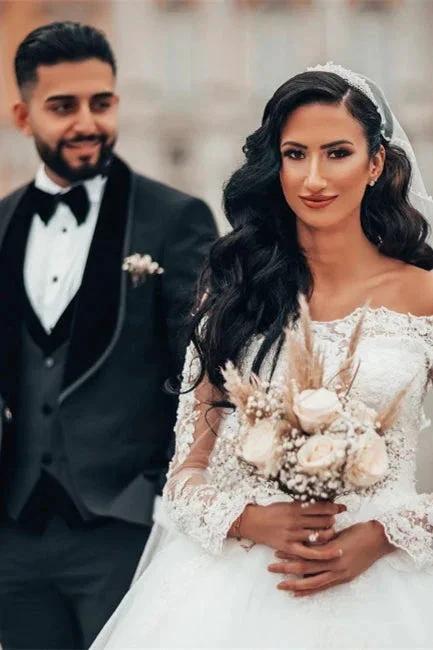 Gorgeous White Long Sleeves Lace Ball Gown Aline Floral Tulle Wedding Dresses - Image 9