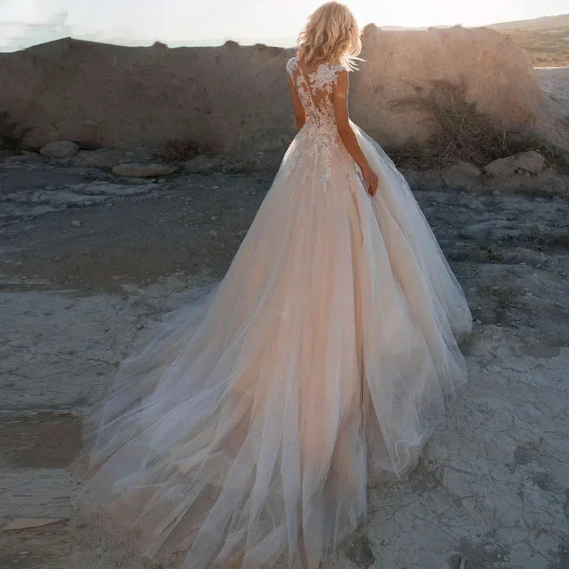 Gorgeous White Tulle O-Neck Sleeveless Decal Luxury Pearl Embroidery Button A-line Floor-Length Bridal Ball Dress - Image 2