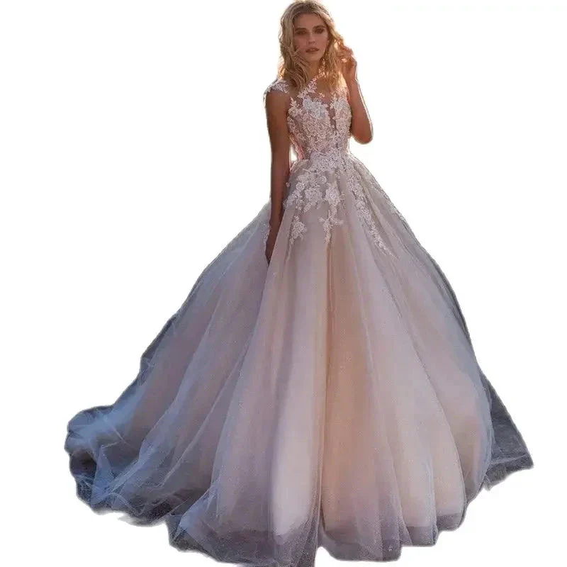 Gorgeous White Tulle O-Neck Sleeveless Decal Luxury Pearl Embroidery Button A-line Floor-Length Bridal Ball Dress - Image 3