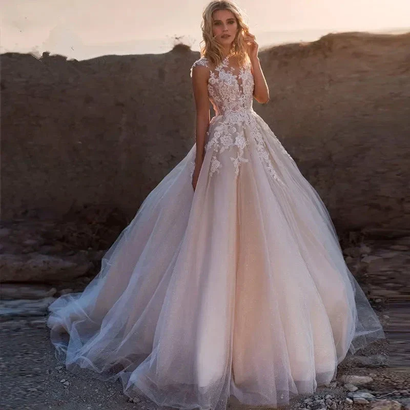 Gorgeous White Tulle O-Neck Sleeveless Decal Luxury Pearl Embroidery Button A-line Floor-Length Bridal Ball Dress - Image 4