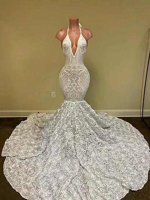 Gorgeous White V-Neck Sleeveless Prom Dress Mermaid Lace Bottom Flowers - Image 2