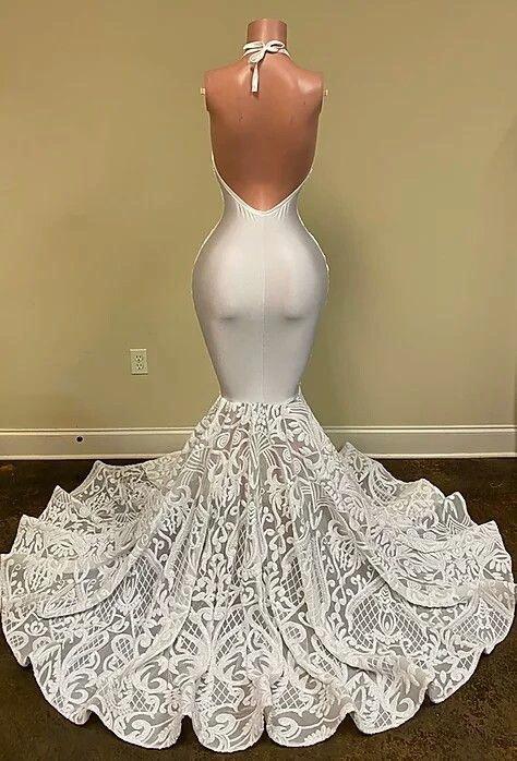 Gorgeous White V-Neck Sleeveless Prom Dress Mermaid Lace Bottom Flowers - Image 3