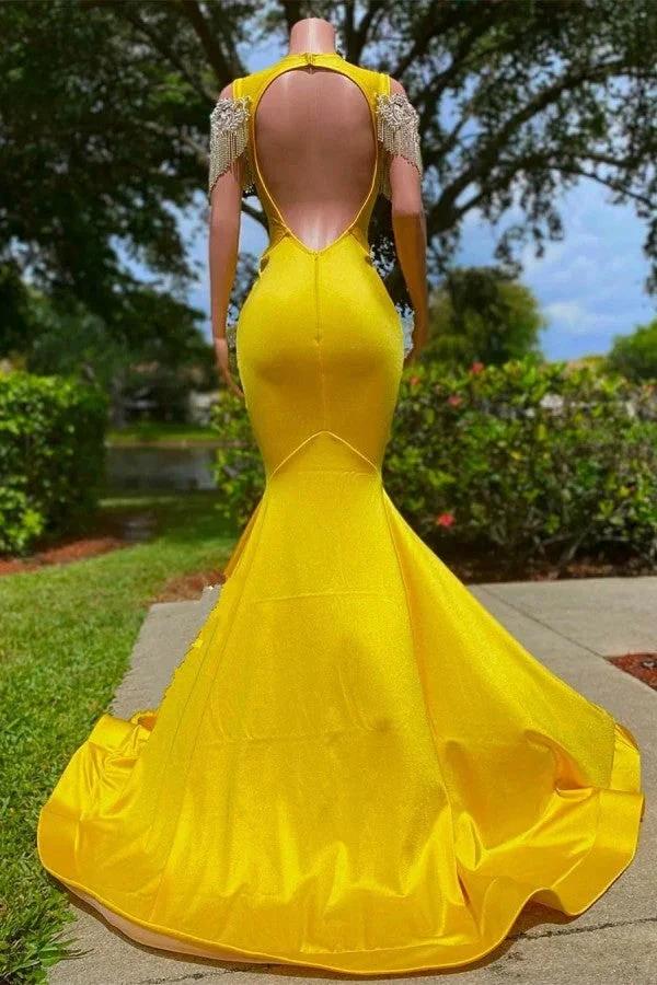 Gorgeous Yellow Long Mermaid Tassel Off the Shoulder Satin Backless Prom Dress with Ruffles - Image 2