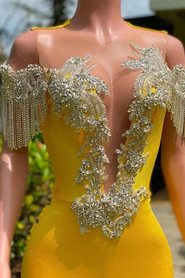 Gorgeous Yellow Long Mermaid Tassel Off the Shoulder Satin Backless Prom Dress with Ruffles - Image 3