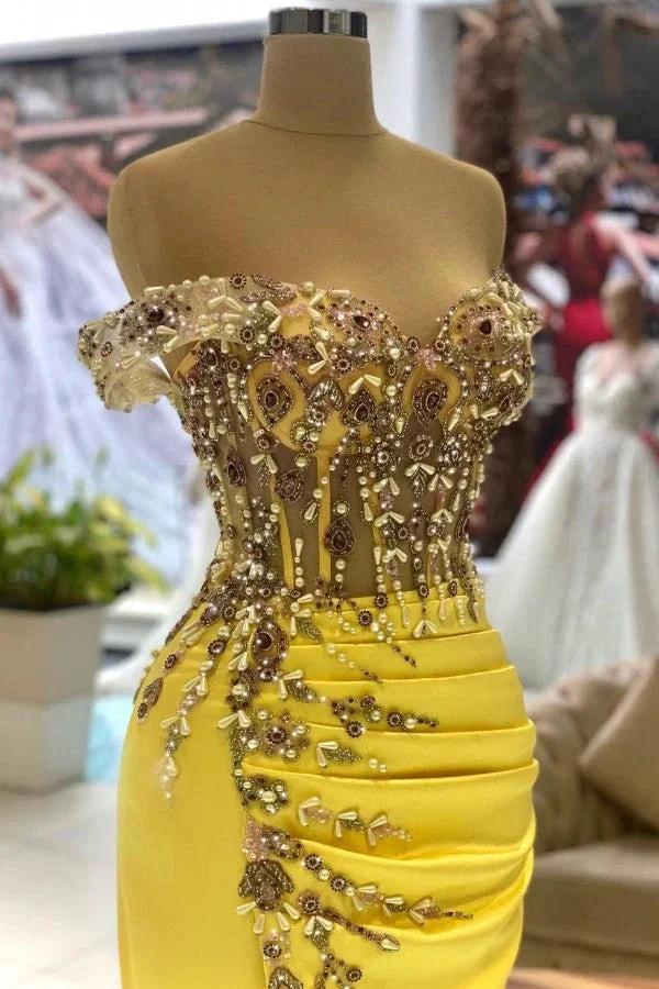 Gorgeous Yellow Mermaid Off-the-shoulder Satin Long Prom Dresses With Split - Image 2