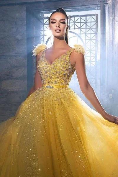 Gorgeous Yellow Sequined Sleeveless Long A-line Prom Dress With Beads - Image 2