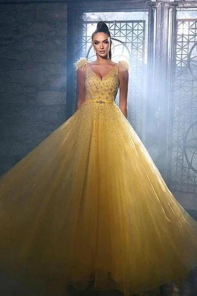 Gorgeous Yellow Sequined Sleeveless Long A-line Prom Dress With Beads - Image 3