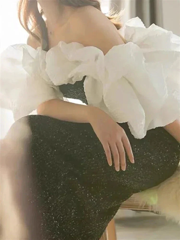 Gothic Black And White Evening Dress With Ruffles Formal Dress Y4383 - Image 3