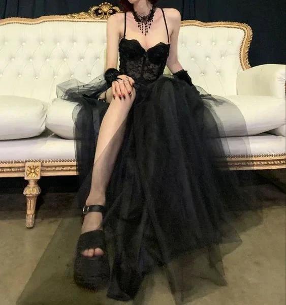 Gothic Black Spaghetti Straps Tulle Prom Dress,Charming Evening Dress Y1766 - Image 2