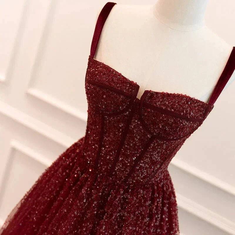 Gothic Burgundy Spaghetti Straps Sequins Beaded Formal Prom Dress Tulle Party Evening Dress Y7586 - Image 2