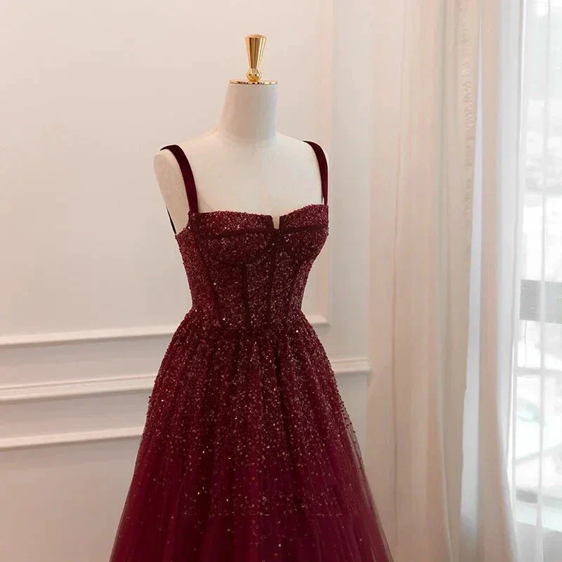Gothic Burgundy Spaghetti Straps Sequins Beaded Formal Prom Dress Tulle Party Evening Dress Y7586 - Image 3