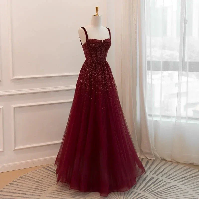 Gothic Burgundy Spaghetti Straps Sequins Beaded Formal Prom Dress Tulle Party Evening Dress Y7586 - Image 4