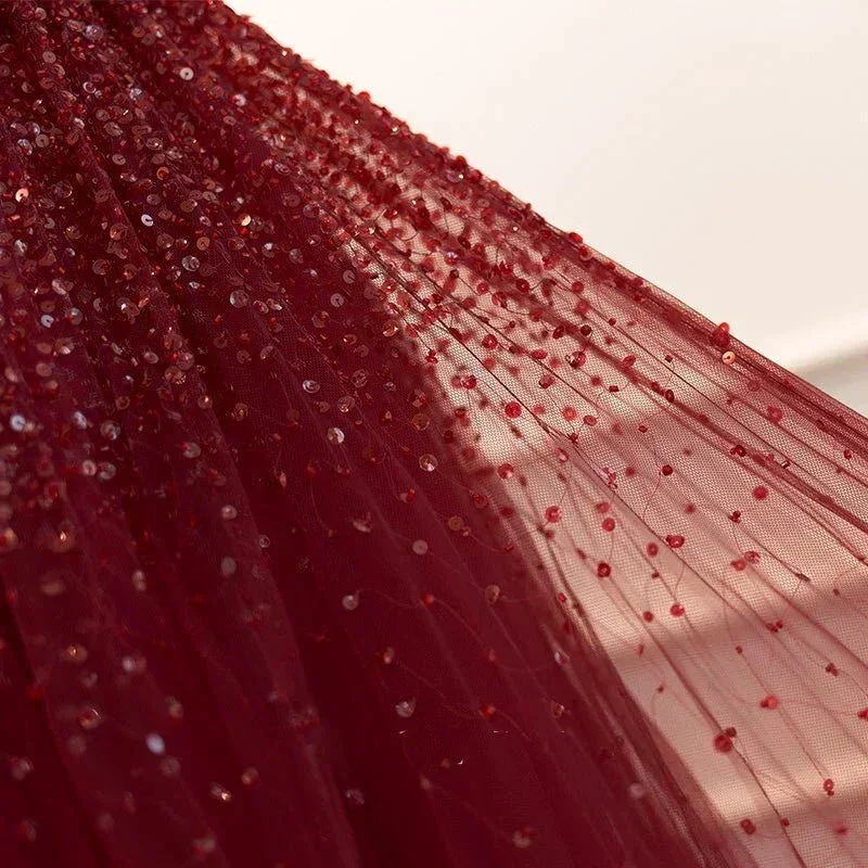 Gothic Burgundy Spaghetti Straps Sequins Beaded Formal Prom Dress Tulle Party Evening Dress Y7586 - Image 5
