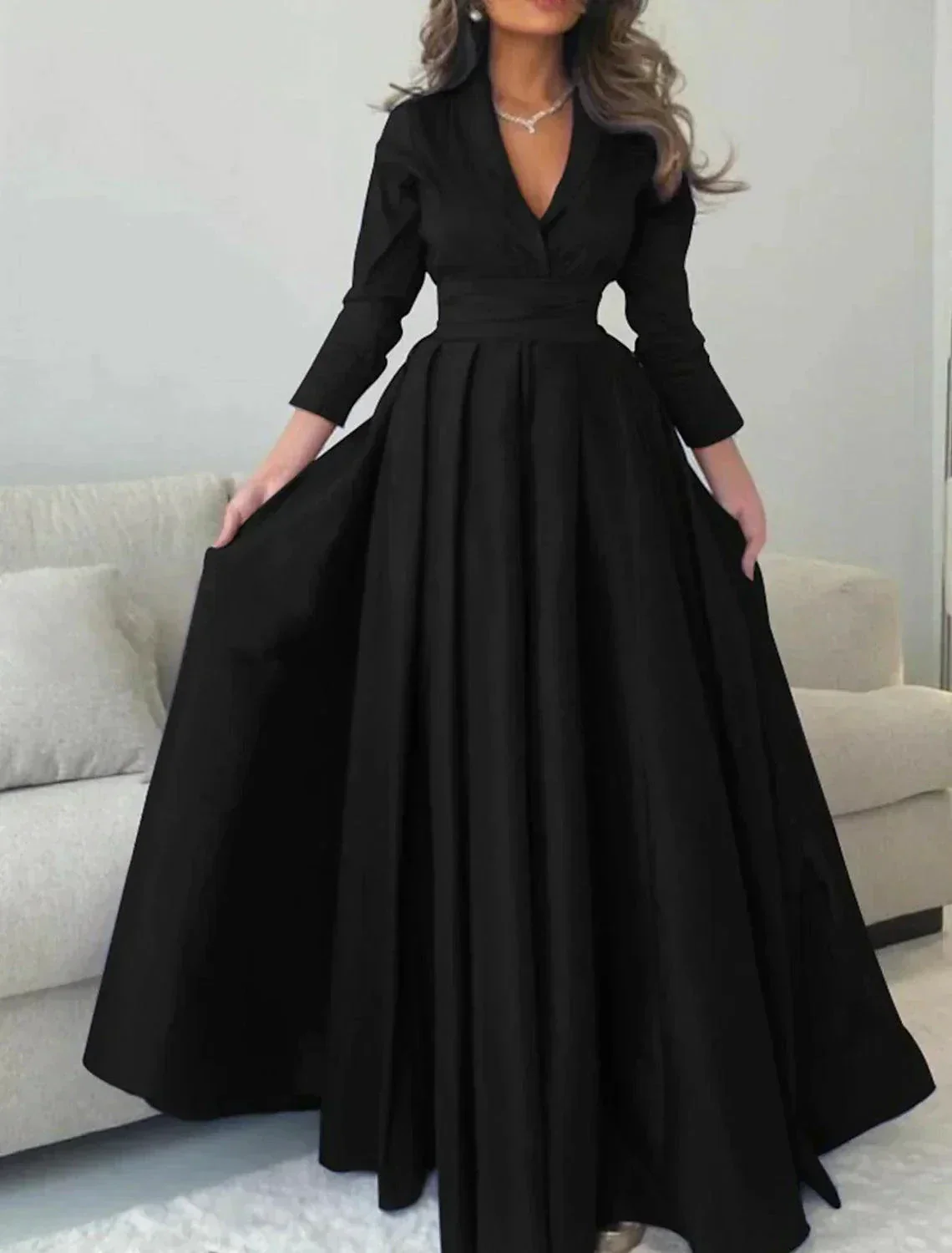 Gown Elegant Formal Length Sleeve V Neck with Pleats Evening Dress - Image 2