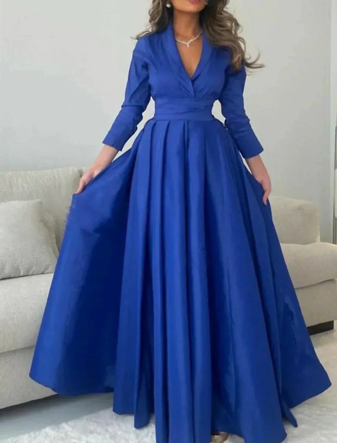 Gown Elegant Formal Length Sleeve V Neck with Pleats Evening Dress - Image 3
