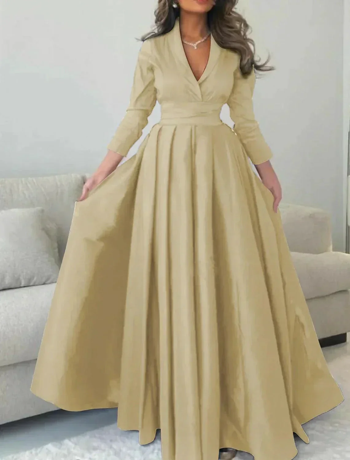Gown Elegant Formal Length Sleeve V Neck with Pleats Evening Dress - Image 4