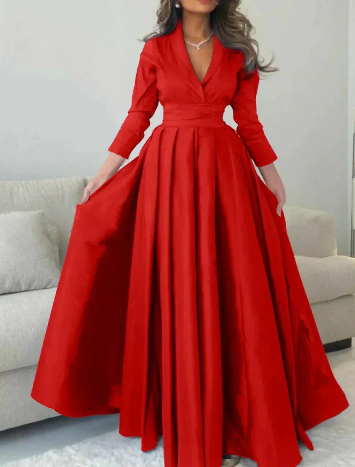 Gown Elegant Formal Length Sleeve V Neck with Pleats Evening Dress - Image 5