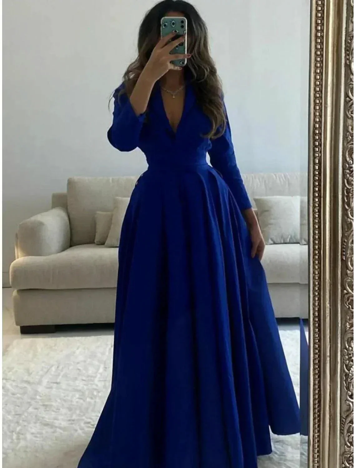 Gown Elegant Formal Length Sleeve V Neck with Pleats Evening Dress - Image 6