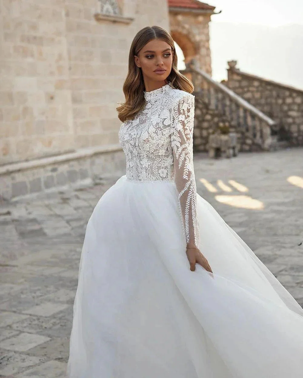Grace Pretty luxury Princess Wedding Dresses Modest O Neck Long Sleeves Muslim Bride Dresses Bridal Gown vestidos de novia - Image 2
