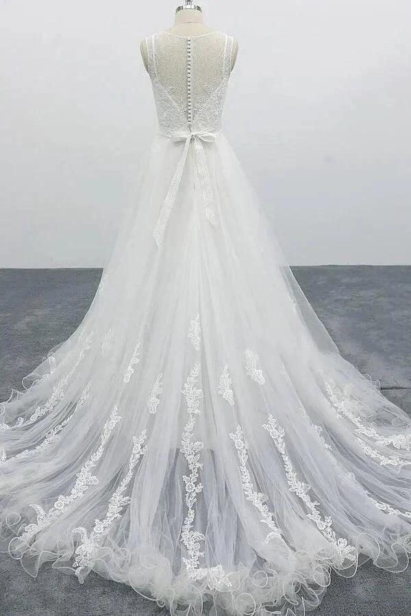 Graceful Long A-line Appliques Tulle Backless Wedding Dress - Image 2