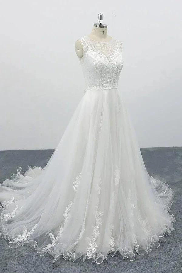 Graceful Long A-line Appliques Tulle Backless Wedding Dress - Image 3