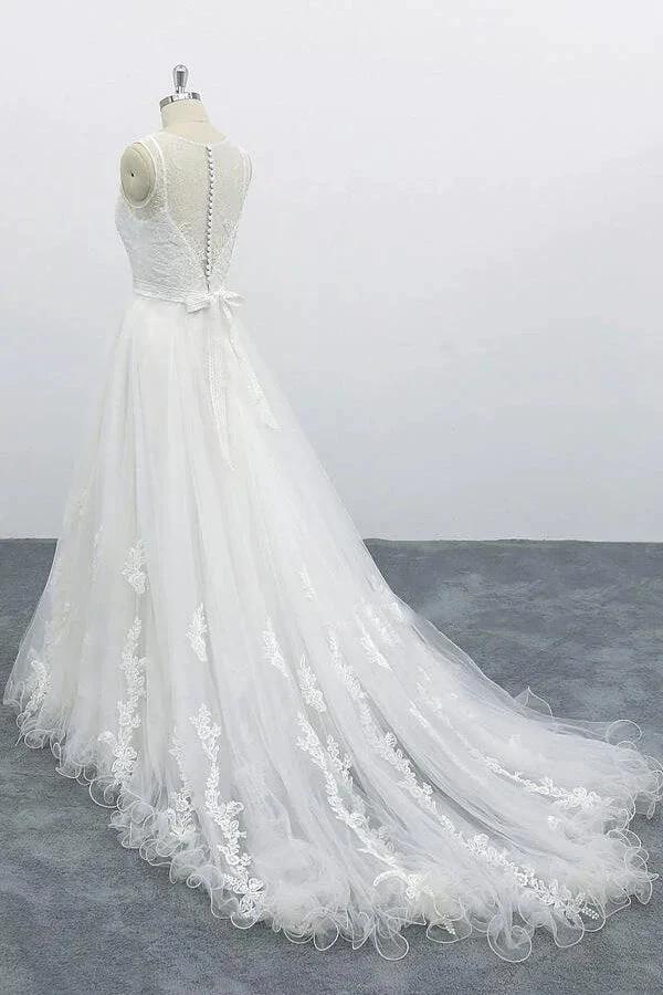 Graceful Long A-line Appliques Tulle Backless Wedding Dress - Image 4