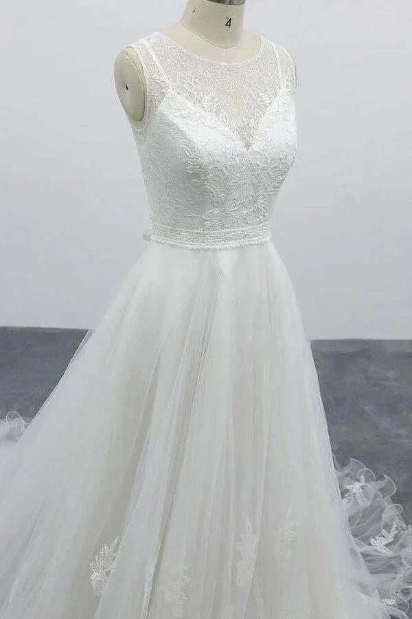 Graceful Long A-line Appliques Tulle Backless Wedding Dress - Image 7