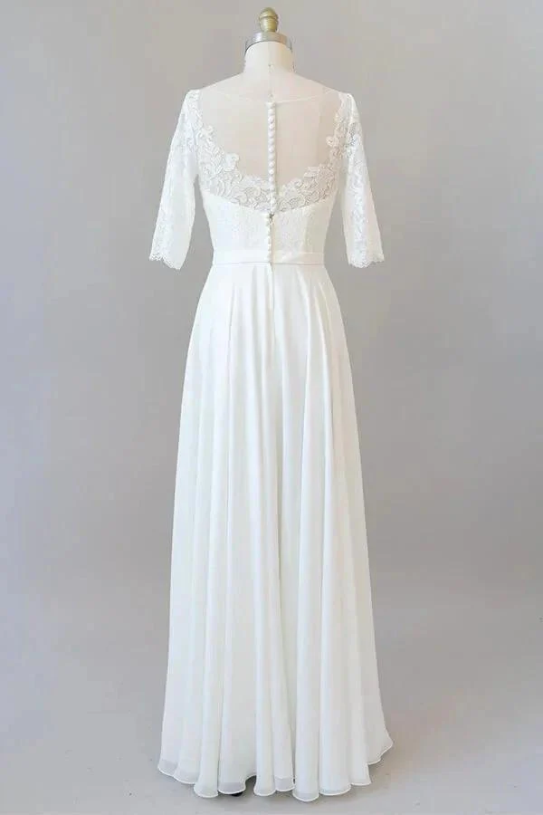 Graceful Long A-line Lace Chiffon Wedding Dress with Sleeves - Image 2